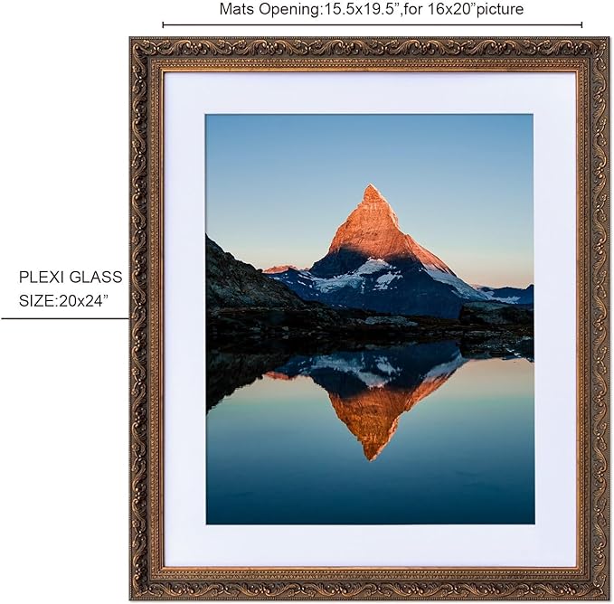EKMAX 20X24 Inch Antique Gold Picture Frame Matted to Display a 16 x 20 Inch Photo or Painting